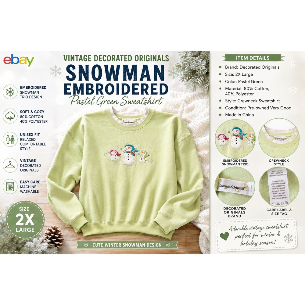 Decorated Originals Snowman Embroidered Pastel Green Sweatshirt Vintage 2X Large